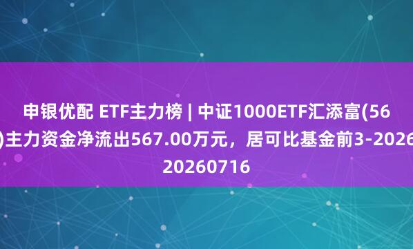 申银优配 ETF主力榜 | 中证1000ETF汇添富(560110)主力资金净流出567.00万元，居可比基金前3-20260716